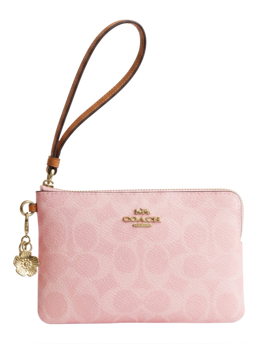 Coach Wristlet Pink Signature Canvas With Charms Corner Zip